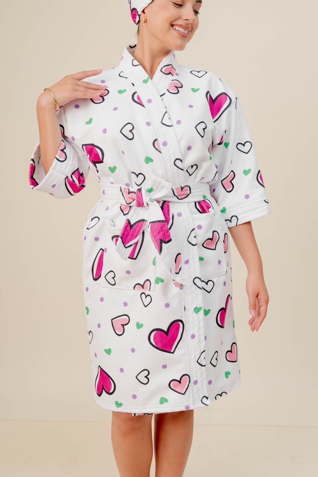 Bata de Baño + gorra  Corazón - Microfibra Estampada