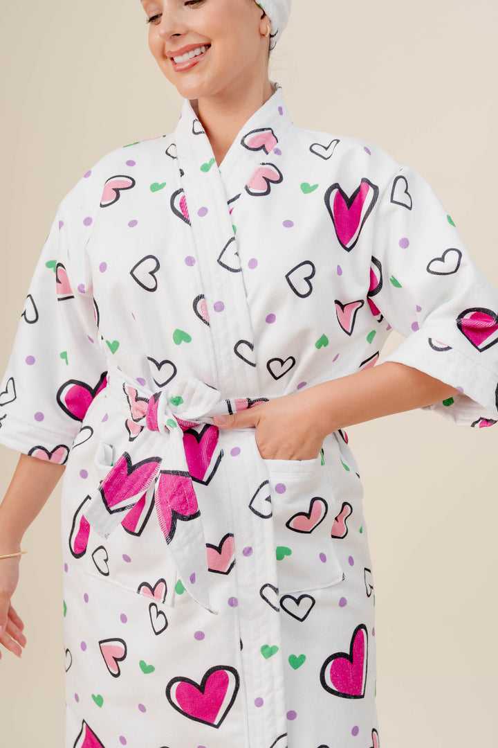 Bata de Baño + gorra  Corazón - Microfibra Estampada