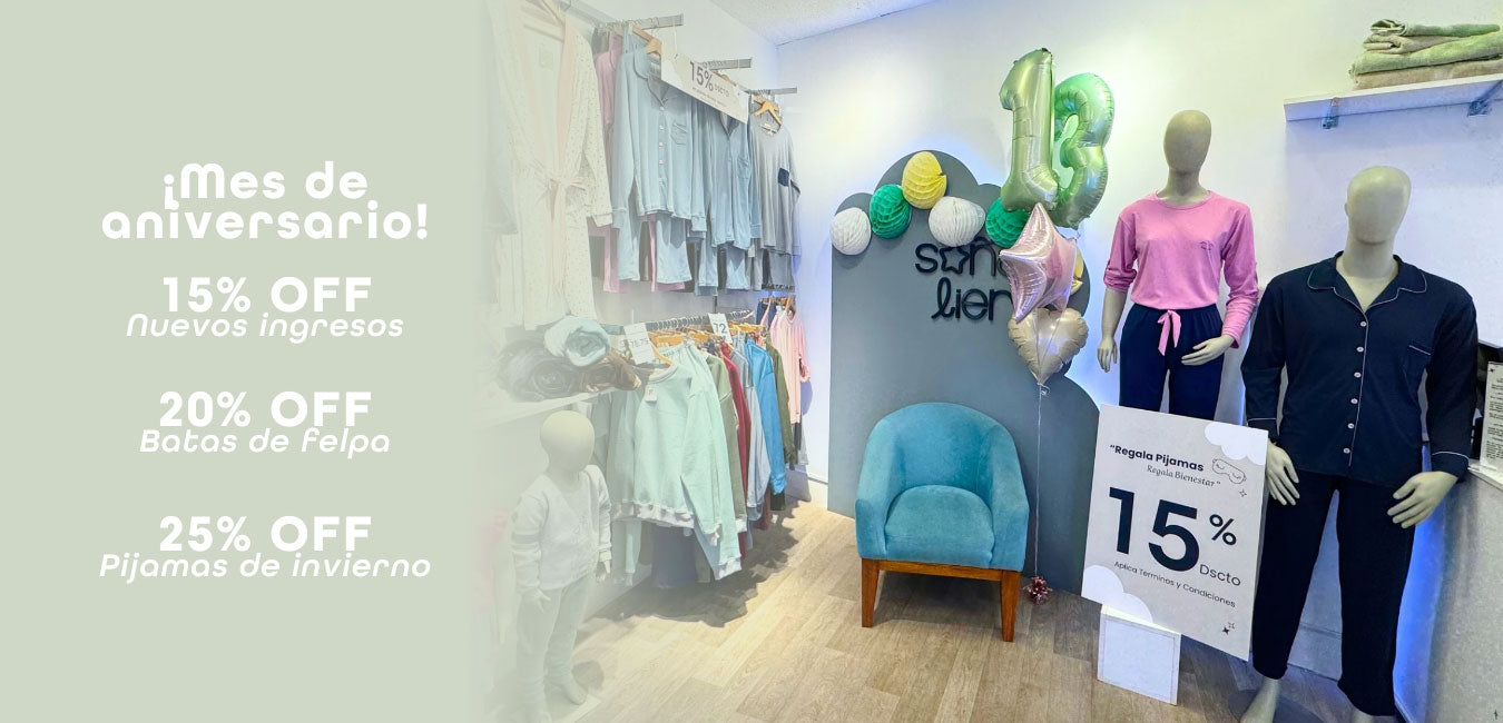 ¡Estamos de aniversario! cumplimos 13 años y lo celebramos con super descuentos, 15% en nuevos ingresos, 20% en batas de felpa y 25% en pijamas de invierno - Pijamas y batas Soñaliere