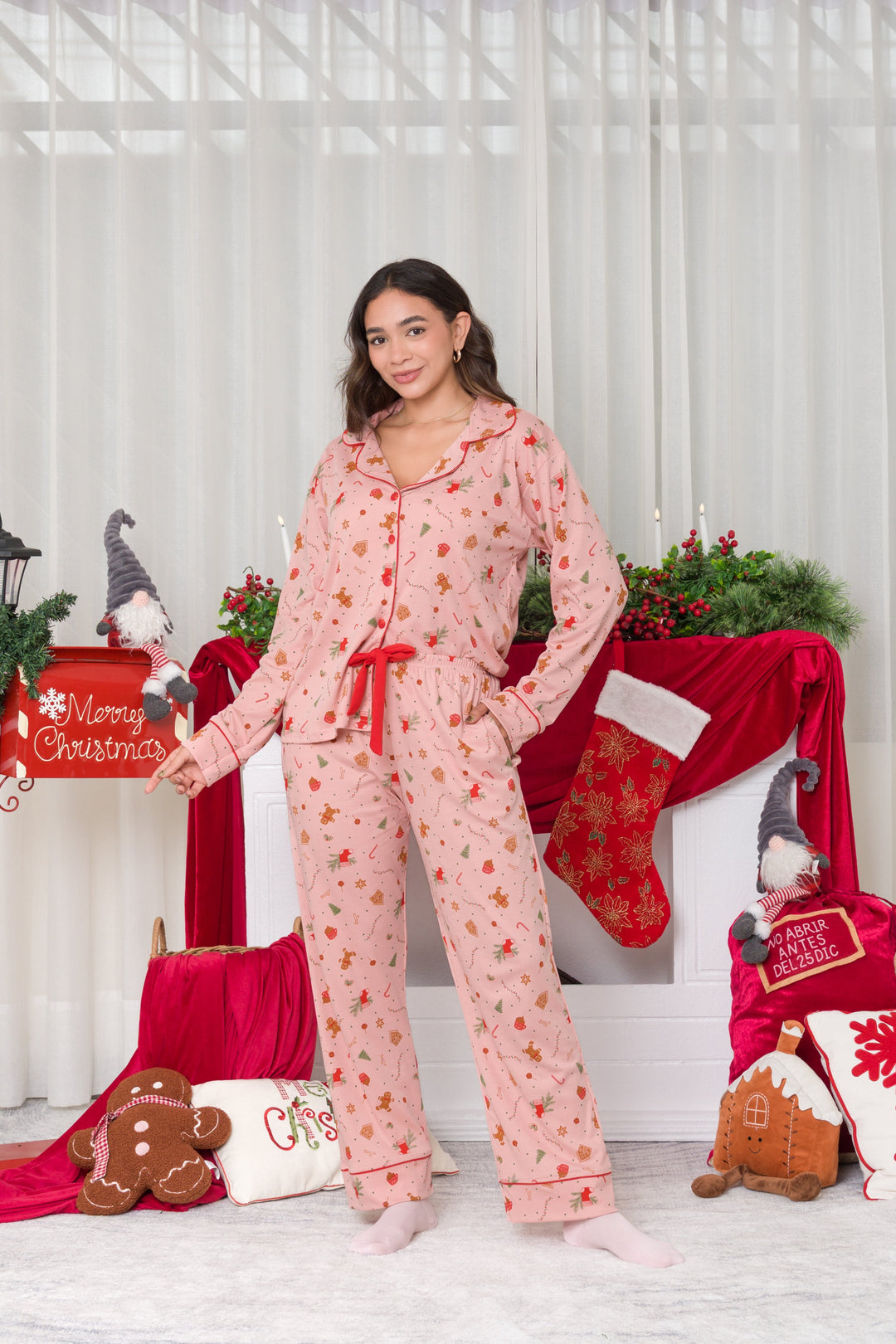 PIJAMA NAVIDEÑA ROSA DAMA ALGODON 