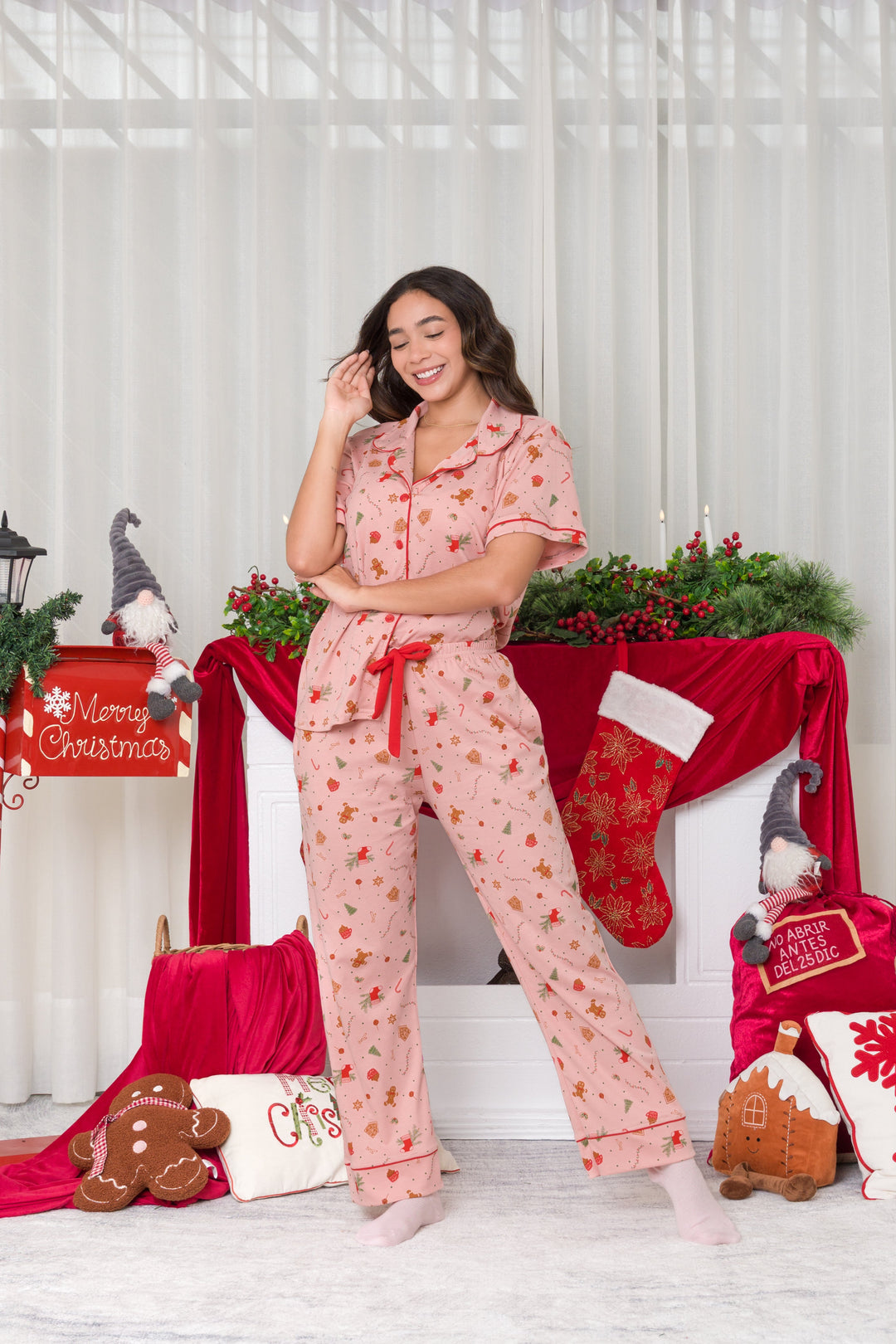 pijama navideña rosada manga corta 